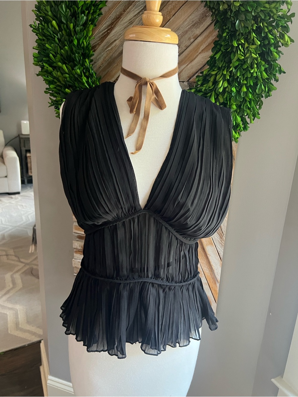Zara Black Pleated V-Neck Peplum Top